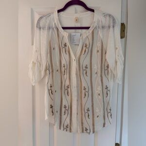 Anthropologie Tiny Cream and Brown Embroidered Blouse Semi Sheer Boho Fairycore